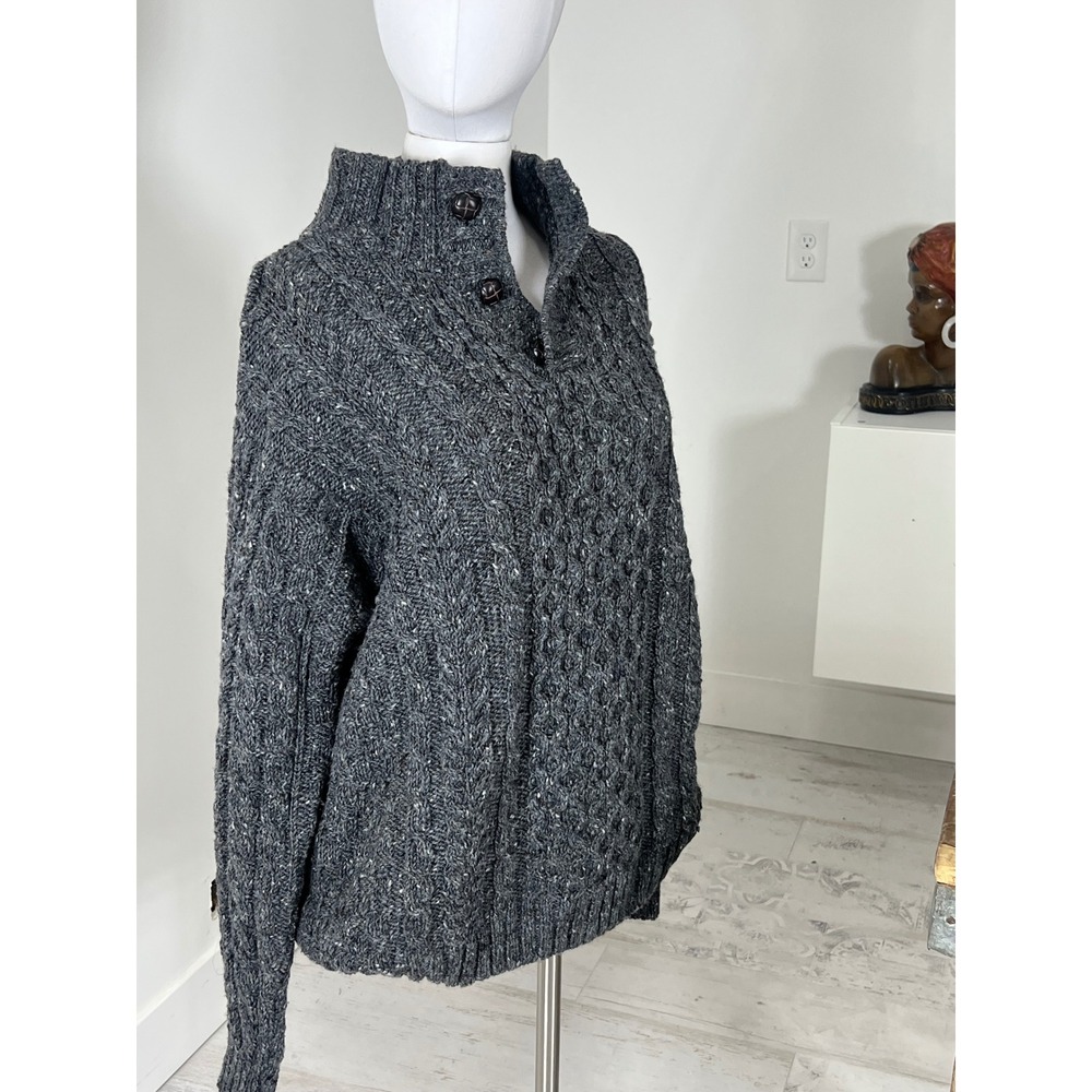 LL Bean 100% Wool Cable Knit Sweater XL Gray Made in Ireland Mock Neck Button